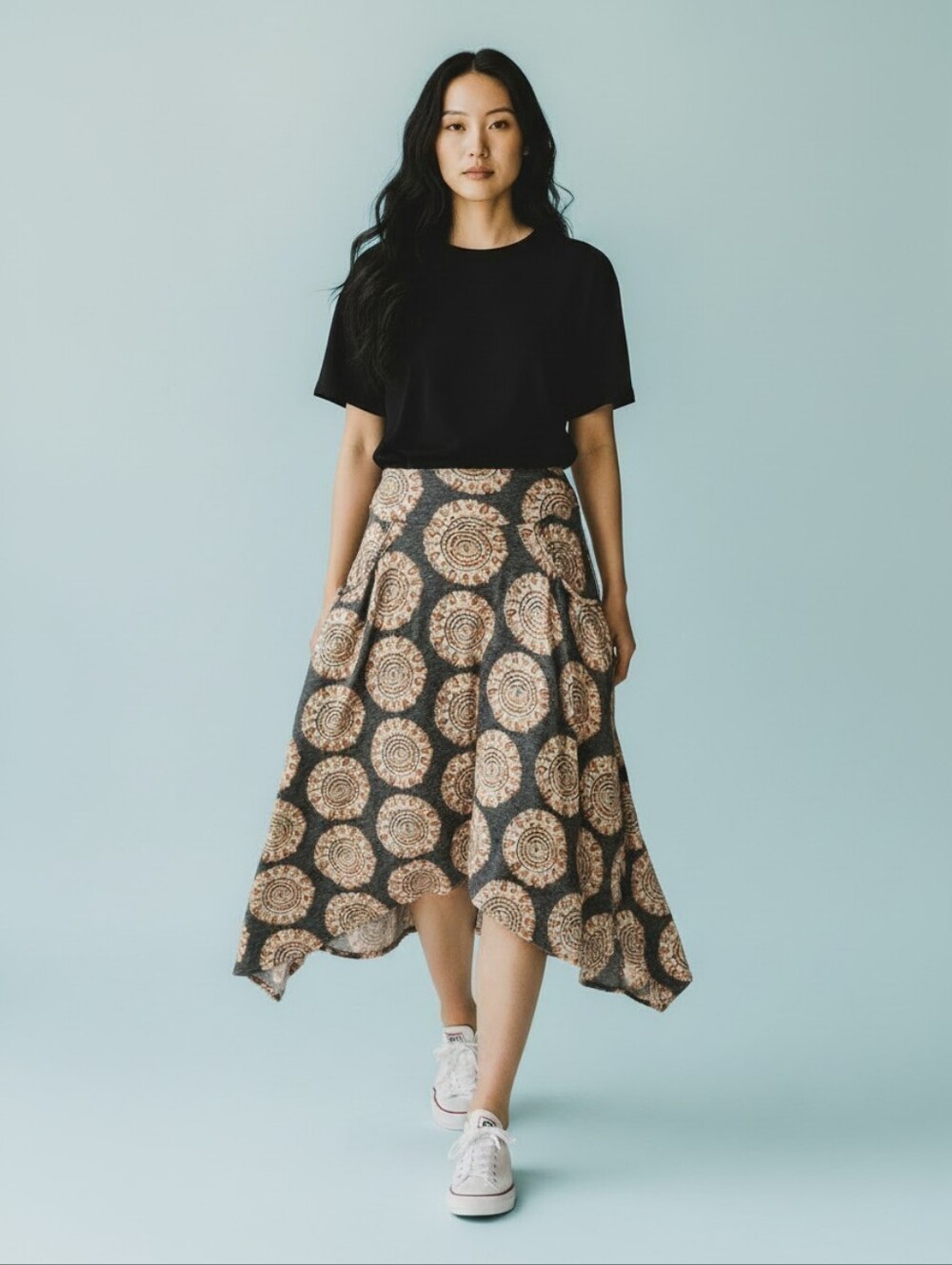 Free People Gray Skirt with Cream & Tan Medallion Print & Pockets XS